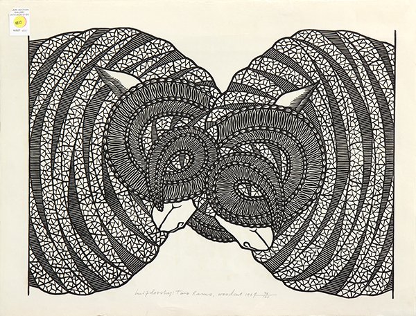 Jacques Hnizdovsky (American/Ukrainian, 1915-1985), ‘Two Rams,’ 1969, woodcut, signed lower center right, edition 46/100. Image courtesy of LiveAuctioneers.com archive and Clars Auction Gallery