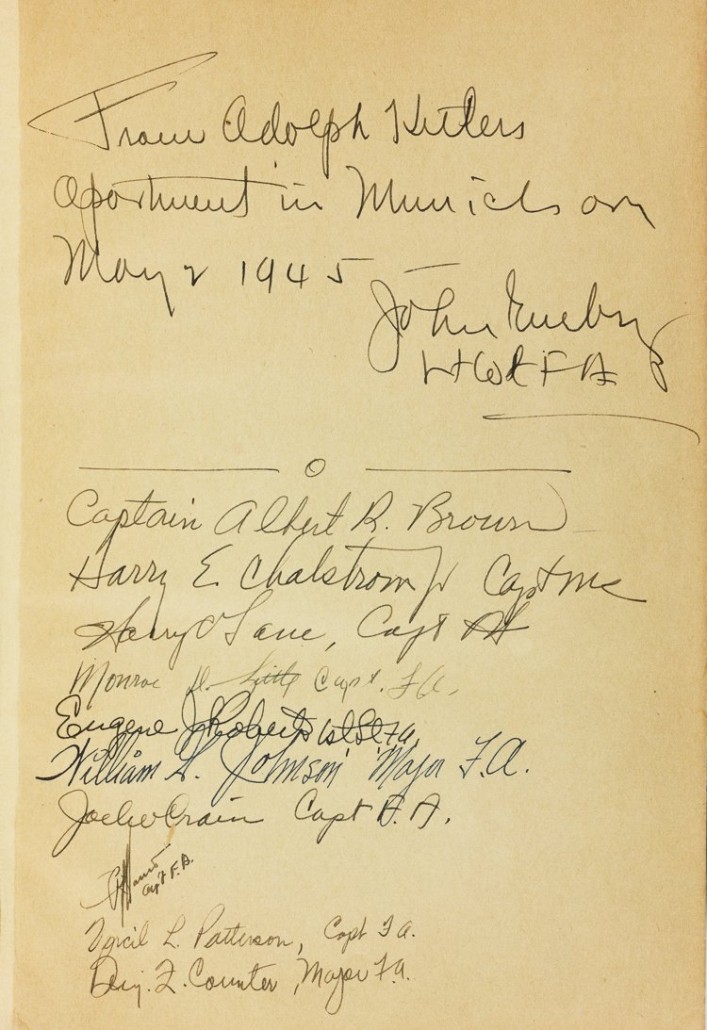 The book bears the signatures of U.S. Army officers who searched Hitler's apartment in Munich. Alexander Historical Auctions image