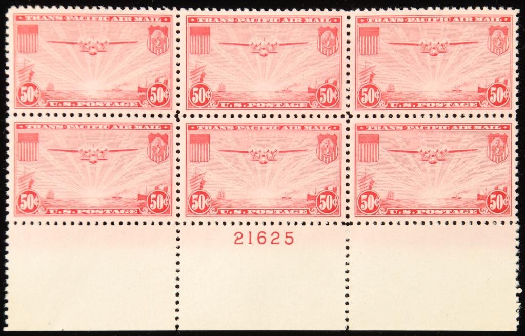 Lot 89 – Scptt #C22 50-cent ‘China Clipper’ airmail stamps. Estimate: $500-$1,000. John McInnis Auctioneers image