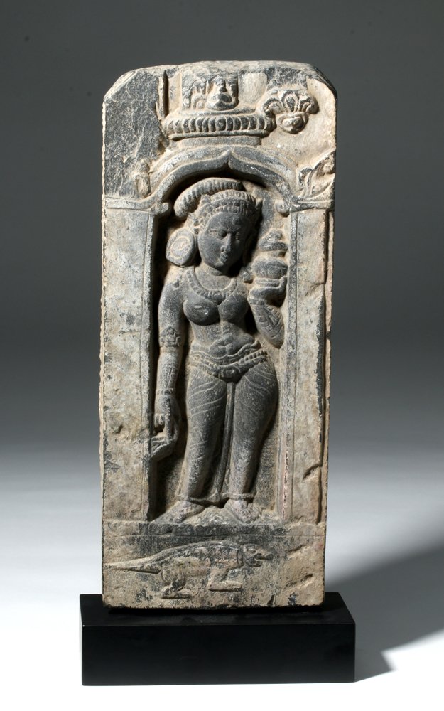 Especially fine gray schist stone panel of goddess Yakshi, India/Pakistan, 2nd-3rd century CE, est. $6,000-$9,000