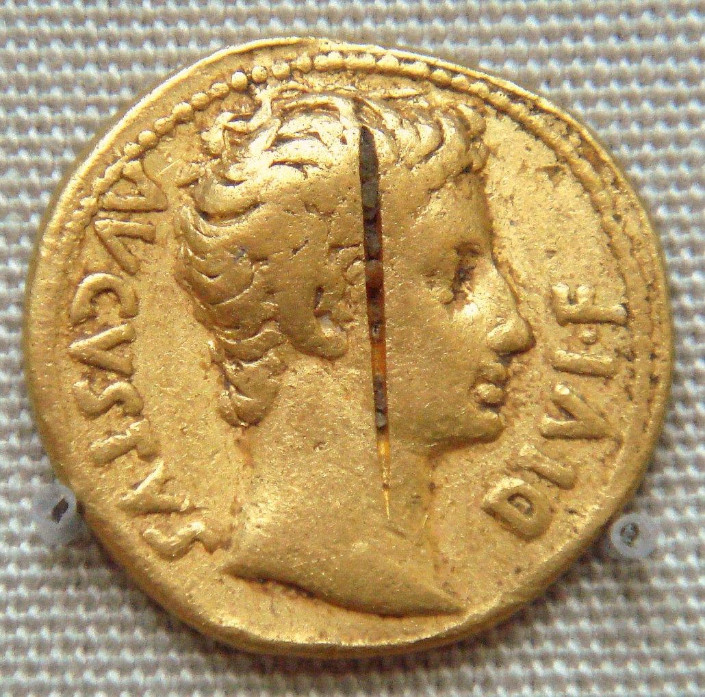 A similar Augustus gold coin at the British Museum. Phgcom image. This file is licensed under the Creative Commons Attribution-Share Alike 3.0 Unported license.