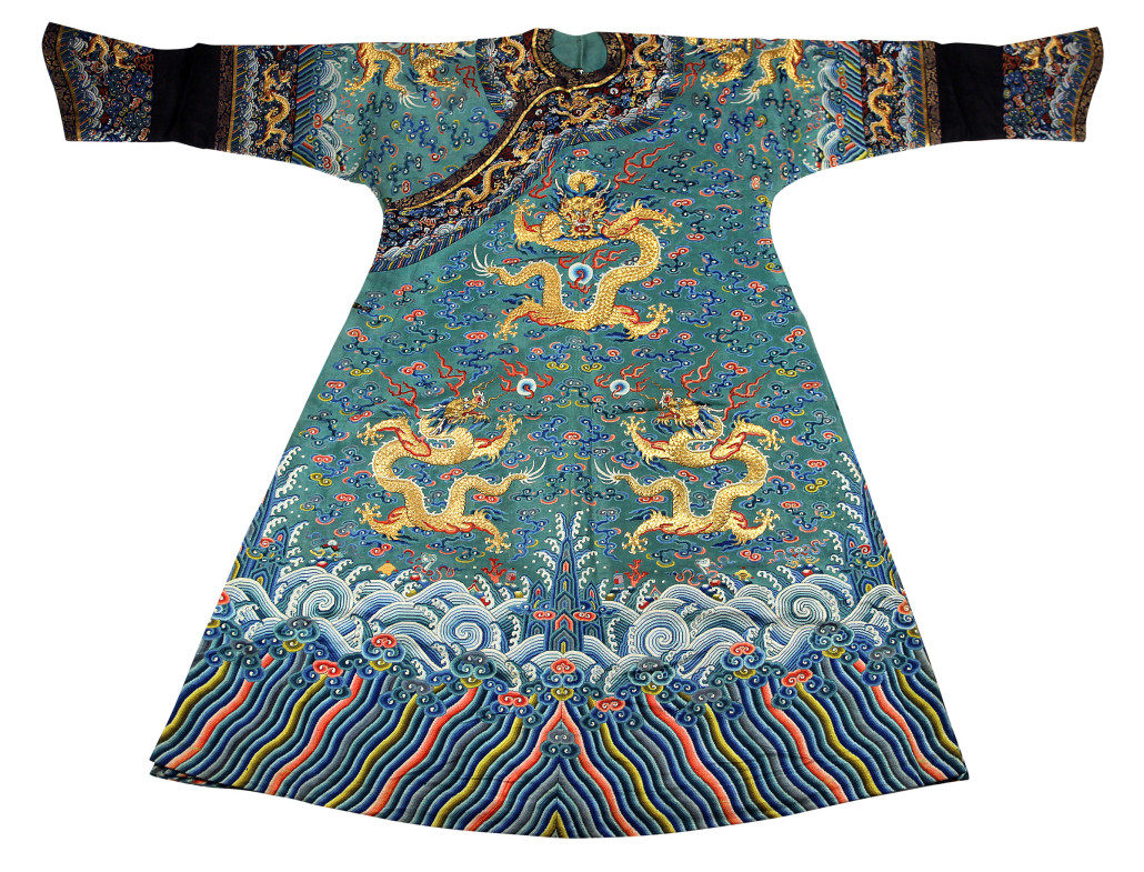 This Chinese turquoise gauze Jifu dragon robe, blew past its presale estimate of $3,000 - $5,000 selling for $45,750. Clars Auction Gallery image