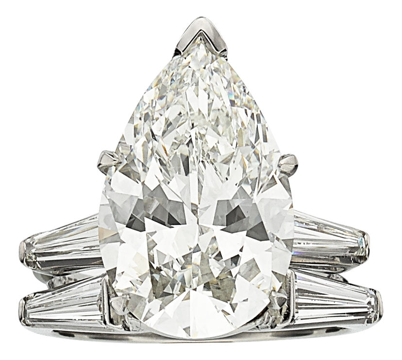 This ring features a pear-shaped diamond measuring 16.37 x 10.53 x 6.61mm and weighing 6.69 carats, enhanced by tapered baguette-cut diamonds, set in platinum. Estimate: $90,000-$120,000. Heritage Auctions image