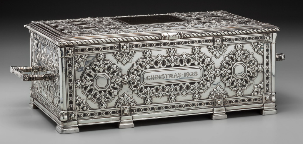 A large Tiffany & Co. ‘special hand work’ silver humidor, attributed to Arthur Leroy Barney, New York, circa 1928, 5 1/2 inches high x 16 inches wide x 8 inches deep, 219.84 troy ounces. Estimate: $10,000-$15,000. Heritage Auctions image 
