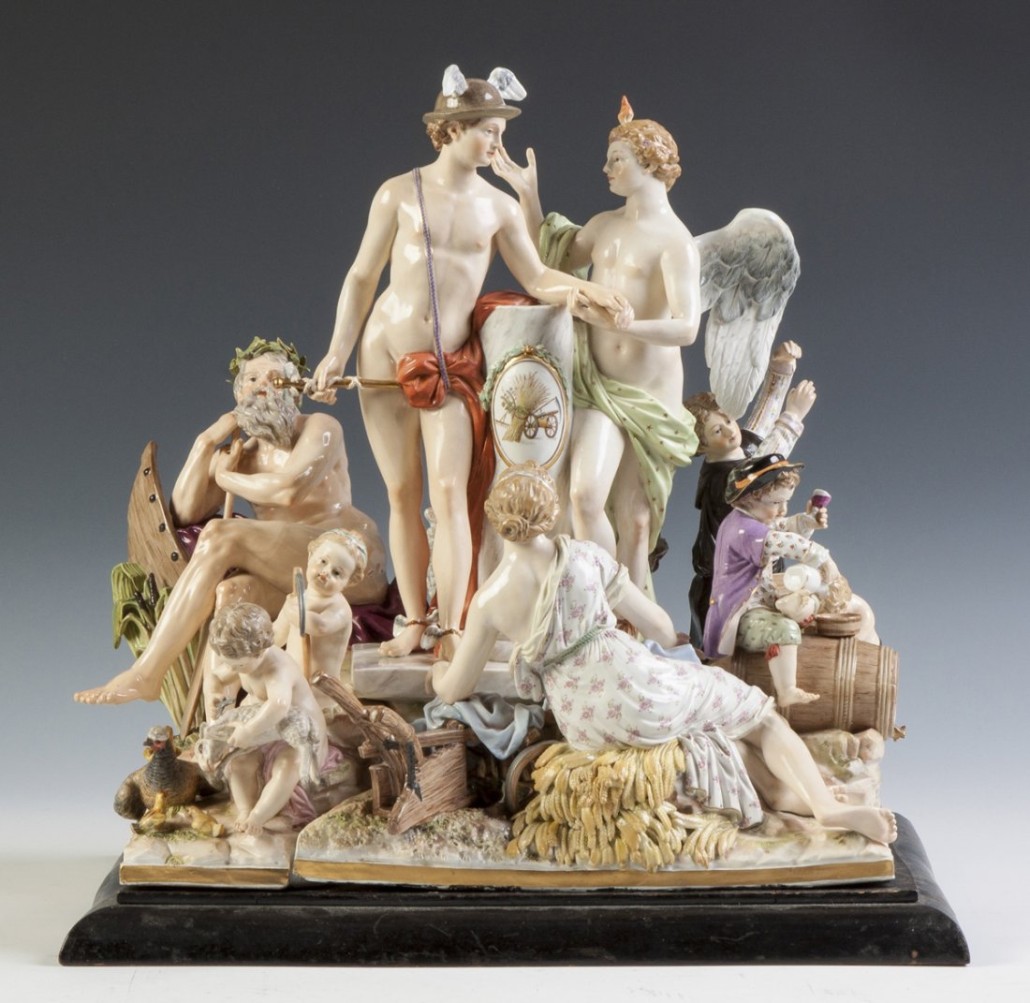 This Meissen porcelain figural group from the late 19th represents commerce. Topped by Mercury, the group stands 16 inches tall and 14 3/4 inches wide. It sold for $25,410 to a LiveAuctioneers bidder in February 2015. Image courtesy of LiveAuctioneers.com archive and Cottone Auctions.