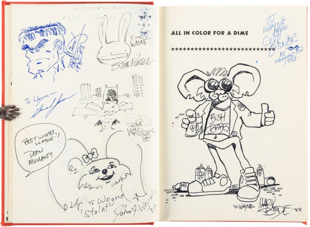 Dick Lupoff’s ‘All in Color for a Dime,’ (1970), with signatures and drawings by over 100 members of the comic book industry. Price realized: $1,440. PBA Galleries image