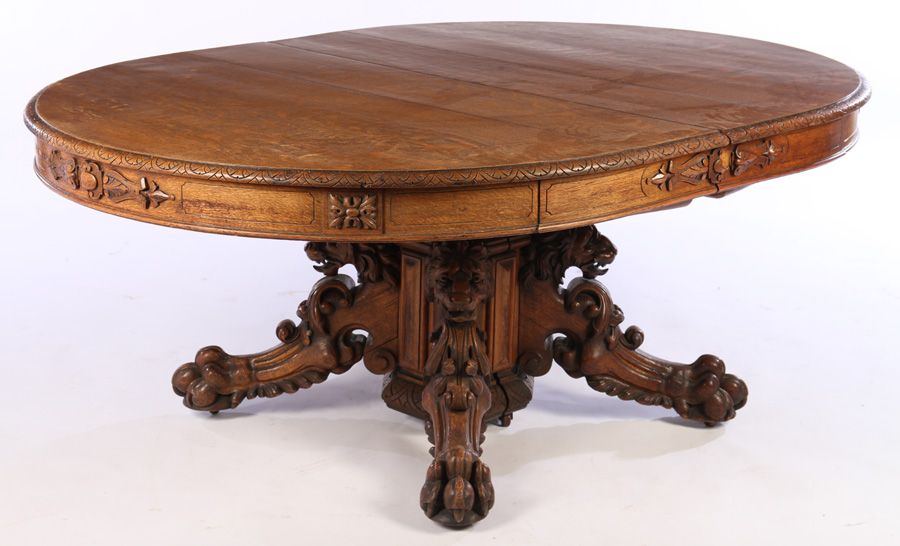 Rare American Victorian oak dining table attributed to Daniel Pabst, circa 1870. Kamelot image
