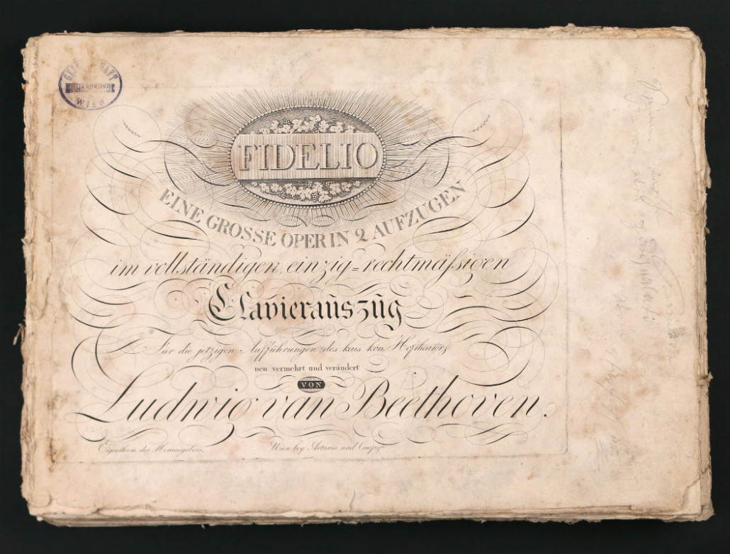 An inscribed copy of Beethoven’s 'Fidelio' [vocal score], Vienna [1814], first edition, first issue, inscribed by the composer, from the estate of Arturo Toscanini, est. $15,000-20,000. Butterscotch image
