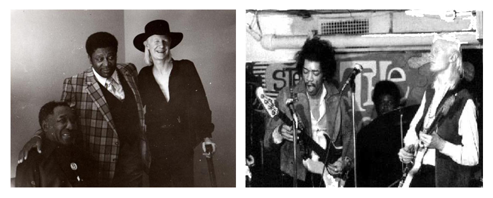 Historical images of Texas rocker Johnny Winter (1944-2014). Image at left (L to R): Muddy Waters, B.B. King, and Johnny Winter holding his favorite cane, which is offered as Lot #1 in Kimball Sterling's March 26 auction featuring Winter's cane collection; and image at right: Winter onstage with Jimi Hendrix. Images provided by The Estate of Johnny Winter. 