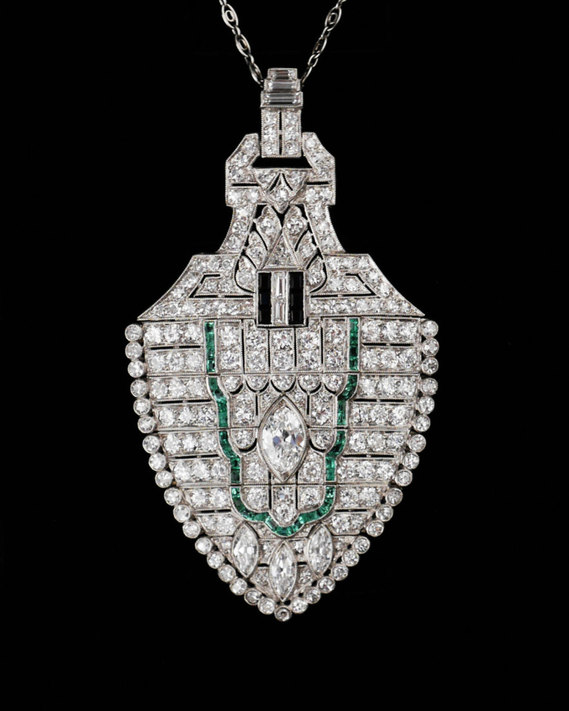 Art Deco diamond, emerald and onyx pendant, est. $15,000-20,000. Butterscotch image 