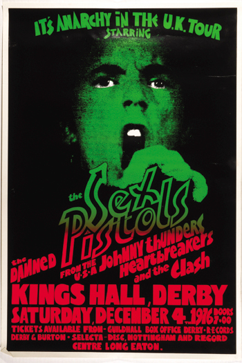 Concert poster reading 'It's Anarchy In The U.K. Tour' starring The Sex Pistols, The Damned, Johnny Thunders, Kings Hall Derby Saturday December 4th 1976. Image courtesy LiveAuctioneers archive and Cooper Owen