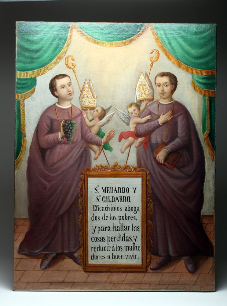 Oil-on-canvas painting of two venerable bishops with angels, Mexico (Spanish Colonial), circa 19th century CE, ex collection of Historia Antiques / James Caswell. Estimate $5,000-$7,500. Artemis Galley image