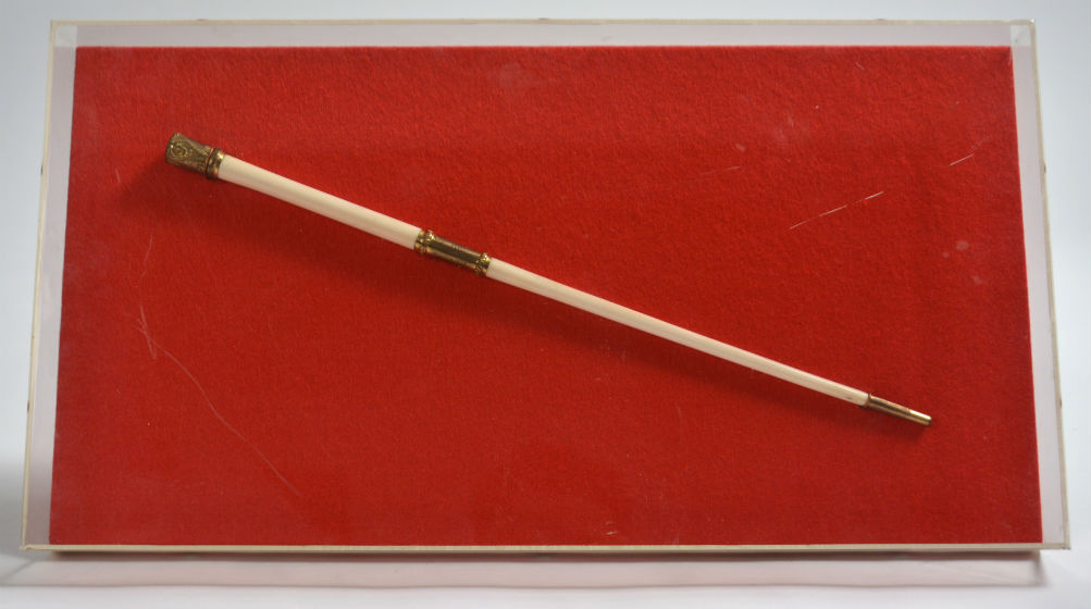 The Chicago Rhythm Club gifted this conductor's baton to Duke Ellington in 1936. The platinum trim is engraved 'Presented to Duke Ellington from Chicago Rhythm Club, May 14 1936.' Estimate: $7,000-$9,000. Guernsey's image