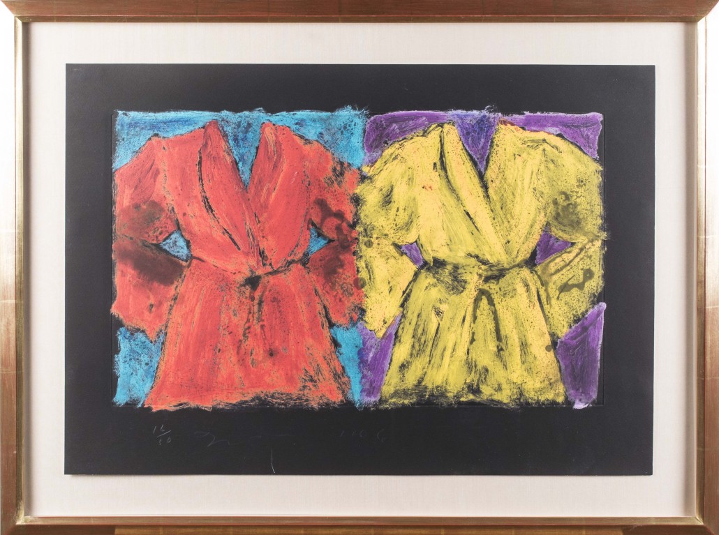 Jim Dine (American, b. 1935), ‘The Henry Street Robes,’ black and white spit-bite etching with Epson color inks, 2005. Estimated value $2,000-$3,000. Capo Auction image