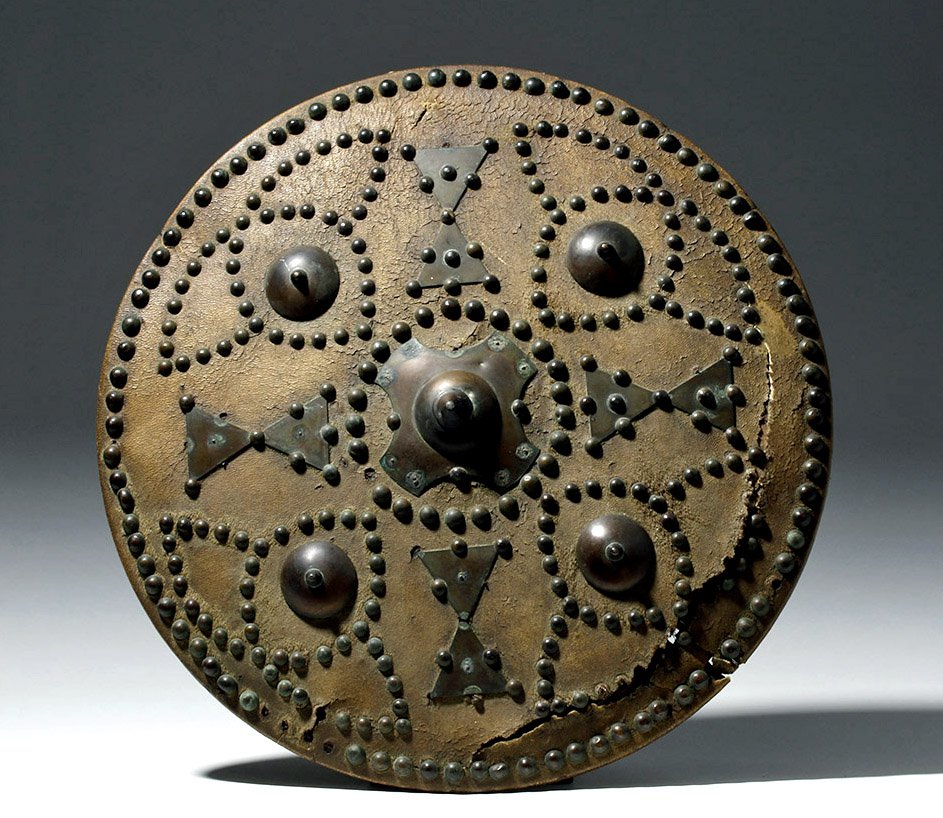 Rare 17th-century CE Scottish targe or shield, bronze-studded leather and wood. Estimate $15,000-$20,000. Artemis Gallery image