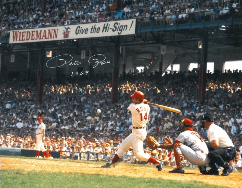 Autographed photo of Pete Rose at bat at old Crosley Field in Cincinnati. Image courtesy of Last Chance by LiveAuctioneers