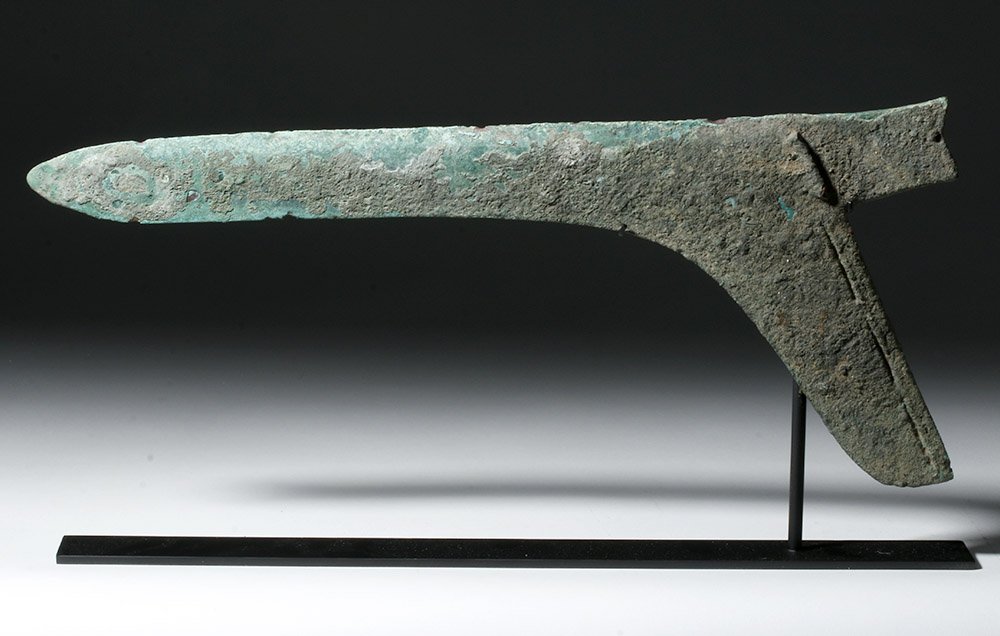 Ancient Chinese bronze ge (pole ax), 16in long, early Han Dynasty, circa 450-100 BCE. Estimate $2,400-$3,400. Artemis Gallery image 