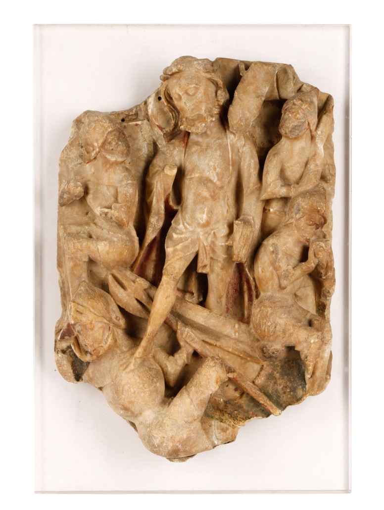 Fifthteenth century English Nottingham alabaster relief depicting the Resurrection, 17¾ inches tall. Estimate: $20,000-$40,000. Ahlers & Ogletree image