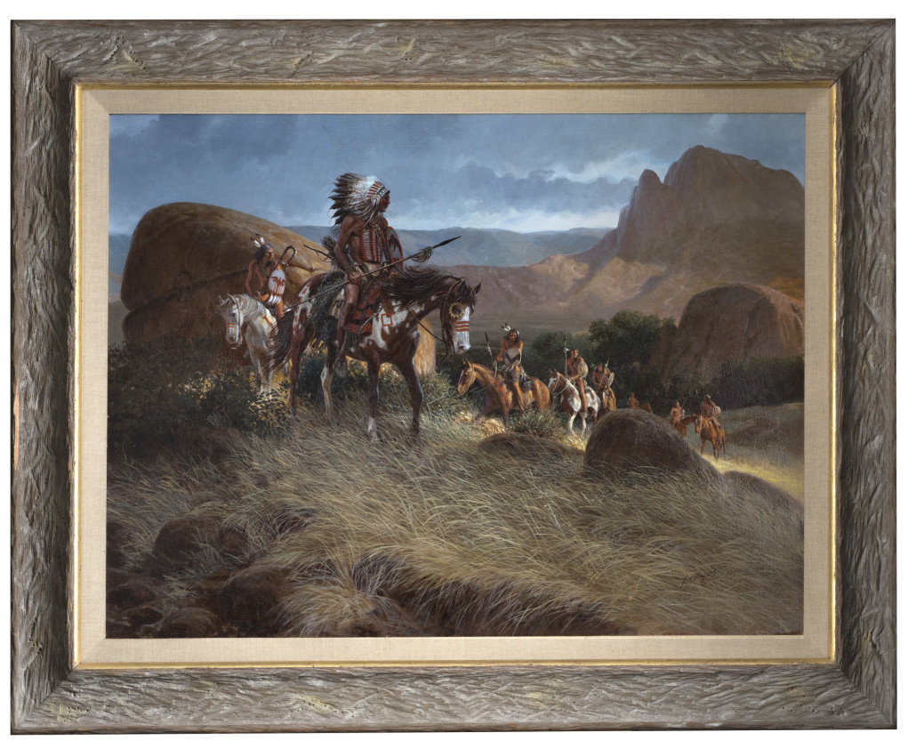 This large-scale oil by Russ Vickers (1923-1997) exhibits the artist’s skillful use of light and shadow. The work realized $4,500. John Moran Auctioneers image
