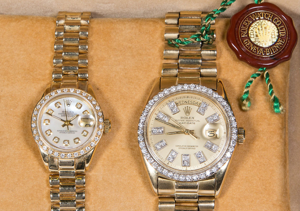 Rolex Oyster Perpetual President 18K gold wristwatches with diamond bead-set bezels. Jeffrey S. Evans image