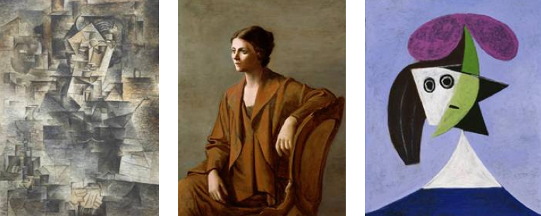 From left: ‘Daniel-Henry Kahnweiler, autumn 1910’ by Pablo Picasso, 1910; Art Institute of Chicago © Succession Picasso/DACS London, 2016; 2015 Estate of Pablo Picasso/Artists Rights Society (ARS) New York; ‘Portrait of Olga Picasso’ by Pablo Picasso, 1923; Private Collection © Succession Picasso/DACS London, 2016; ‘Woman in a Hat (Olga)’ by Pablo Picasso, 1935; Centre Pompidou, Paris. Musée national d’art moderne © Succession Picasso/DACS London, 2016 Photo: Centre Pompidou, MNAM-CCI, Dist. RMN-Grand Palais/Rights reserved