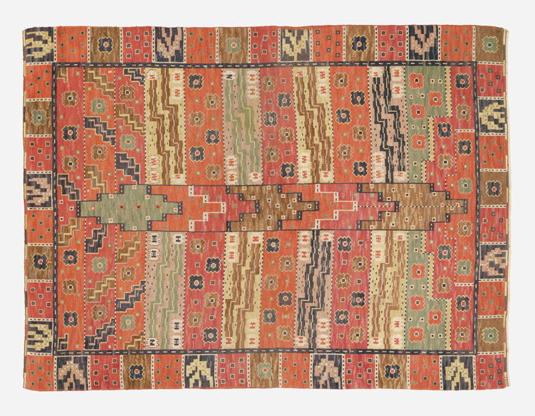 Märta Måås-Fjetterström, Tornet pile carpet, Sweden, 1932 / executed before 1942, hand-knotted wool 8 feet 9 inches x 11 feet 8 inches. Estimate: $25,000–35,000. Wright image 