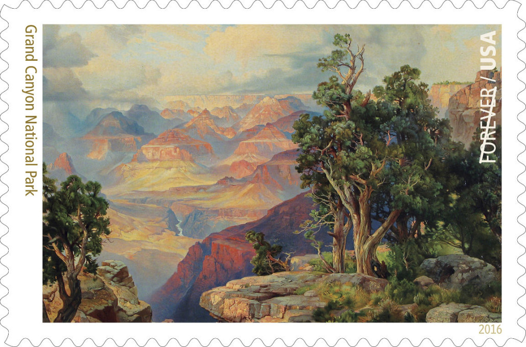 The stamp image is a detail of a chromolithograph-on-canvas, ‘The Grand Canyon of Arizona, from Hermit Rim Road,’ by artist Thomas Moran (1837–1926). USPS image