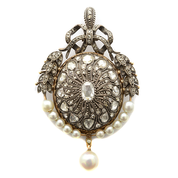 Belle Epoque diamond, cultured pearl, silver-topped, 14k yellow gold pendant-brooch. Estimate: $8,000-$10,000. Michaan’s image