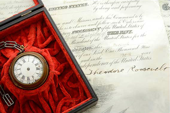 Pocket watch from the family of Capt. Myles Standish together with a collection of Commander Henry B. Soule Navy certificates and documents signed by Theodore Roosevelt and other presidents. Estimate: $5,000-$7,000. Michaan’s image