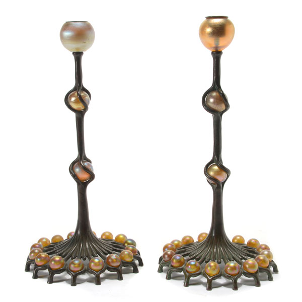 Pair of Tiffany Studios jeweled candlesticks. Estimate: $37,500-$42,500. Michaan’s image