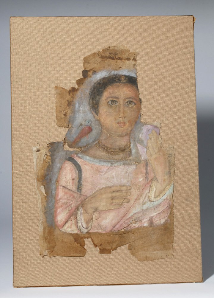 Rare Egyptian Romano (Faiyum) portrait on linen, est. $20,000-$30,000. Artemis Gallery image