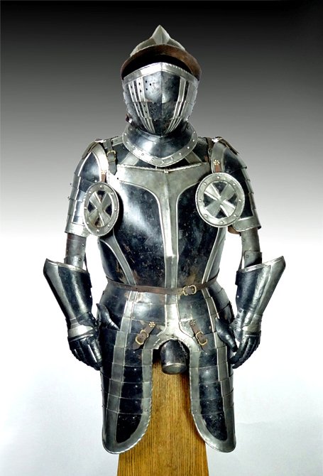 Nineteenth-century European black and white three-quarter suit of armor, est. $25,000-$35,000. Artemis Gallery image