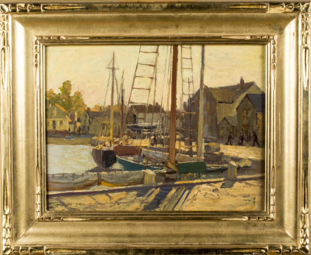 Frederick Mulhaupt (American, 1871-1938), ‘Fishing Docks,’ oil on Masonite, 12 x 16 inches image size. Estimated value $8,000-$10,000. Capo Auction image