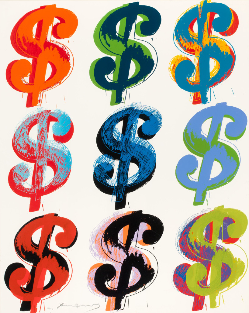 Andy Warhol (1928-1987), ‘$ (9),’ 1982, unique screenprint in colors on Lenox Museum Board, 40 x 32 inches (sheet), ed. 12/35, signed and numbered in pencil lower left. Estimate: $80,000-$120,000. Heritage Auctions image