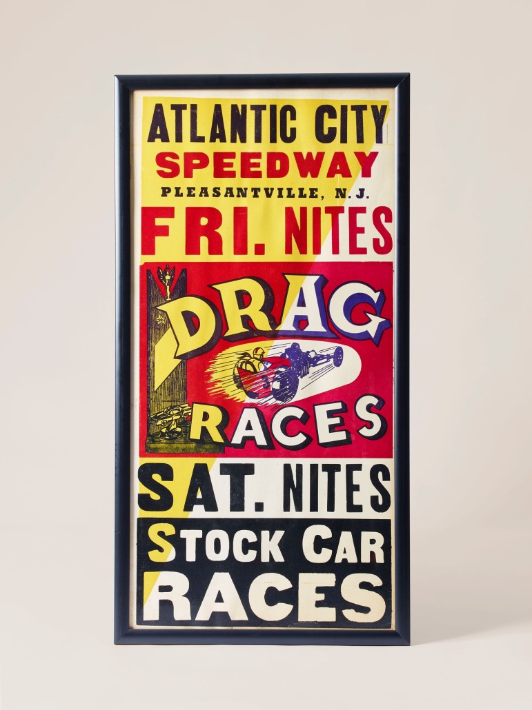 Drag strips could be found all over the country. Poster advertising drag races in Pleasantville, New Jersey, c. 1955. On loan from Michael Goyda, courtesy of Harley-Davidson Museum 
