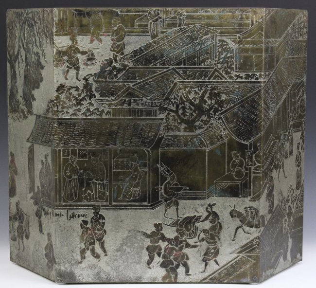 Philip and Kelvin LaVerne Chan occasional table of bronze and pewter with polychrome detailing. Estimate: $3,000-$5,000. Hill Auction Gallery image