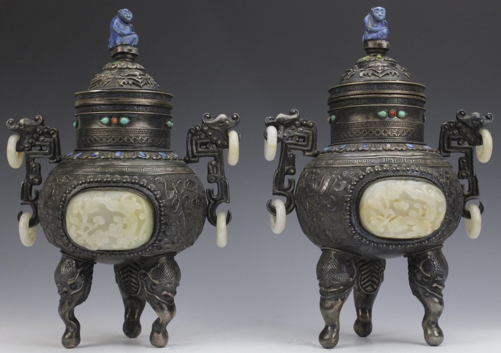 Pair of Chinese urns crafted of silver silver and carved white jade. Estimate: $3,000-$5,000. Hill Auction Gallery image 