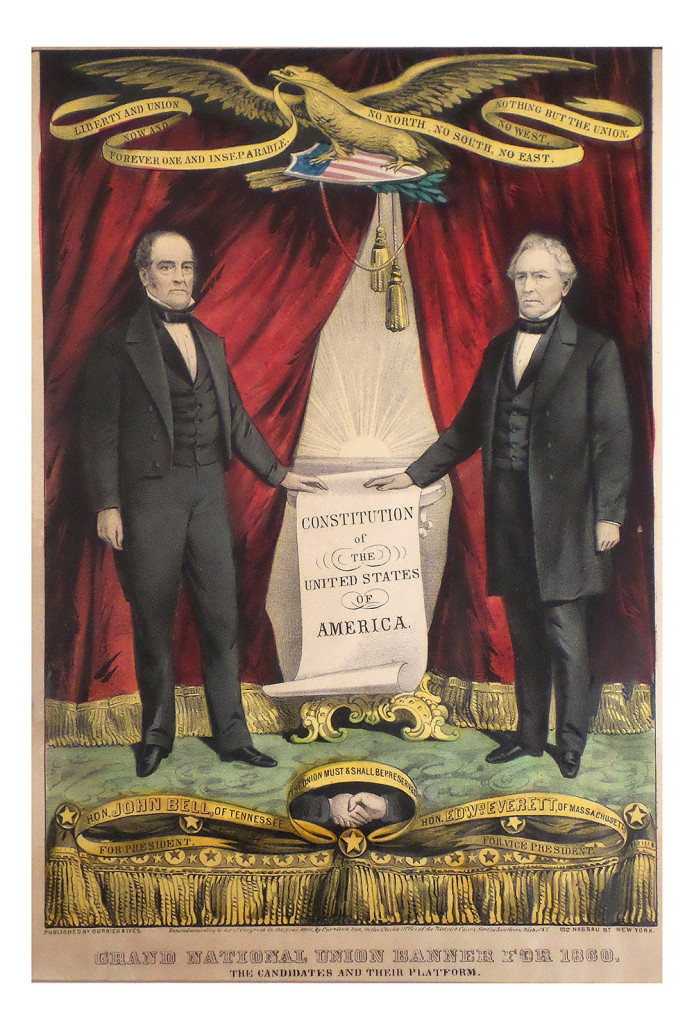 Hand-colored lithograph titled ‘Grand National Union Banner for 1860 / The Candidates (John Bell and Edward Everett) and Their Platform,’ published by Currier & Ives. Estimate: $8,000-$12,000. Roland Auctions N.Y. image