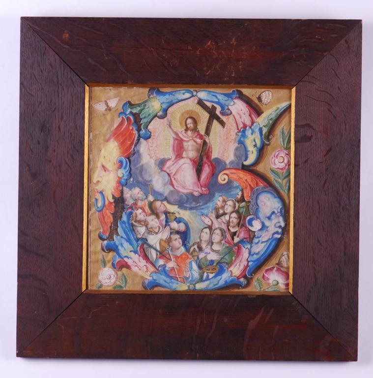 Framed 15th century watercolor and gouache on vellum painting, ‘The Ascension,’ 10 inches x 10 1/4 inches, sight (est. $4,000-$6,000). John McInnis Auctioneers image