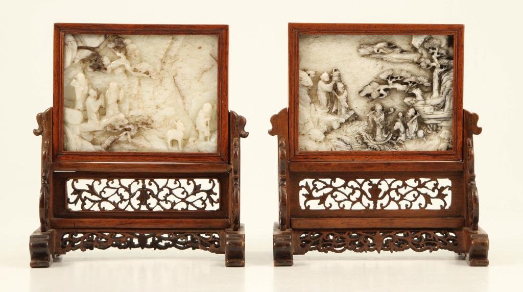 Pair of 18th or 19th century Chinese carved jade table screens, titled ‘Figures Among Stream’ and ‘Mountainous Landscape,’ (est. $5,000-$10,000). John McInnis Auctioneers image 