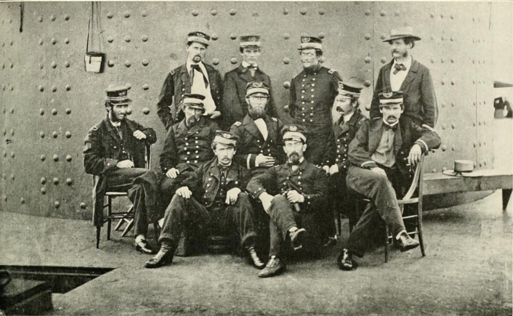 Officers on deck of the USS Monitor James River, July 9, 1862. Public domain image