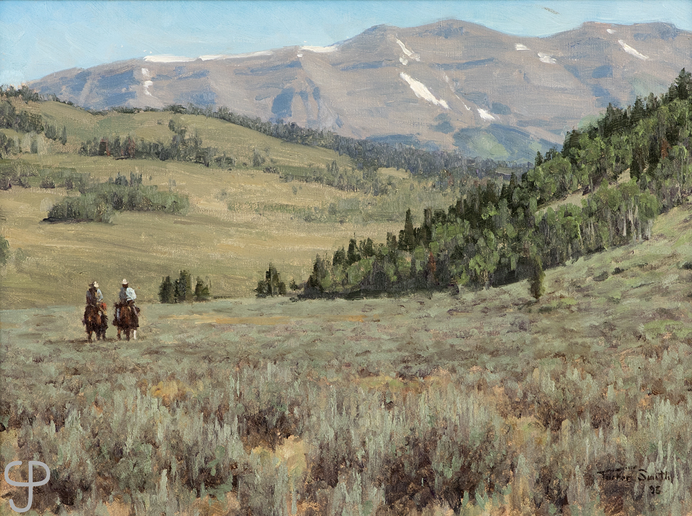 Tucker Smith’s (b. 1940 Wyoming) ‘Below Sawtooth Ridge’ is one of a number of Western-genre paintings and bronzes to be offered June 18. (est.: $4,000 to $6,000). John Moran Auctioneers image