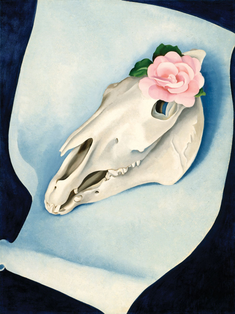 Georgia O’Keeffe (American, 1887-1986), ‘Horse’s Skull with Pink Rose,’ 1931, oil on canvas, 40 1/4 x 30 1/4 inches. Los Angeles County Museum of Art, Gift of the Georgia O’Keeffe Foundation, AC1994.159.1