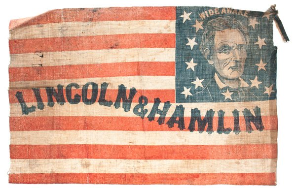 Lincoln / Hamlin Wide Awake portrait campaign flag. Image courtesy of LiveAuctioneers.com archive and Cowan Auctions Inc.