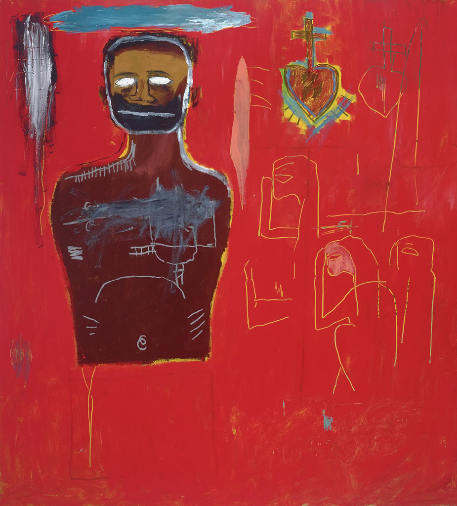 Jean-Michel Basquiat, Untitled (Cadmium), 1984, oil, oil stick, and acrylic on canvas. High Museum of Art, Atlanta. Basquiat drew his cryptic visual vocabulary from numerous sources ranging from ancient Egyptian art to books to the symbols of the Depression-era hobo code. Images of the Sacred Heart, a Catholic symbol of pain and suffering, symbolize personal anguish and the artist’s Haitian heritage. Basquiat continually juxtaposed such emblems in different combinations as if they were phrases of a personal language, like a visual diary. 