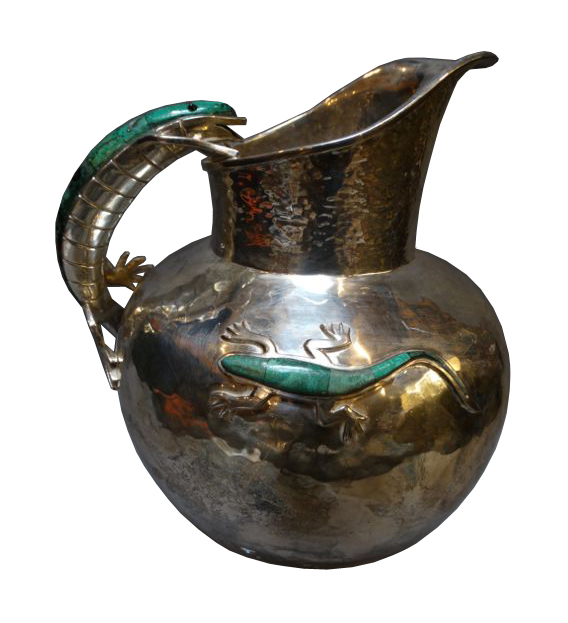 From an array of fine Mexican silver in the sale, an Emilia Castillo turquoise on silverplate lizard-handle pitcher, marked, acquired in Mexico circa 1980, est. $2,200-$2,640