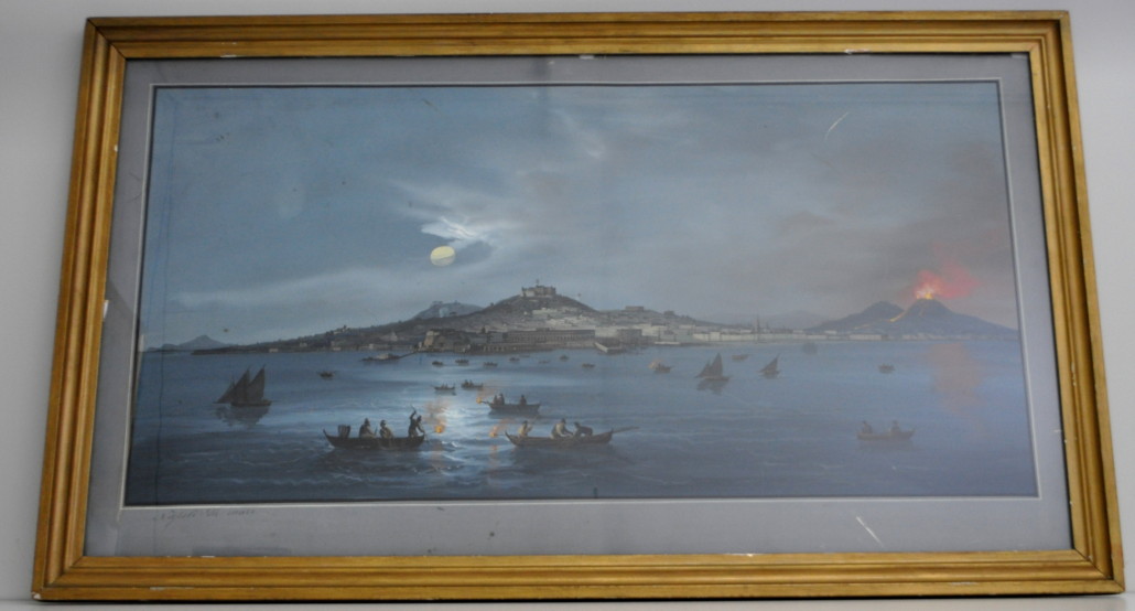 Gioacchino La Pira (1839-1870) Original Gouache on Paper. A Moonlit Night on the Bay of Naples with Vesuvius erupting. Charleston Estate Auctions image 