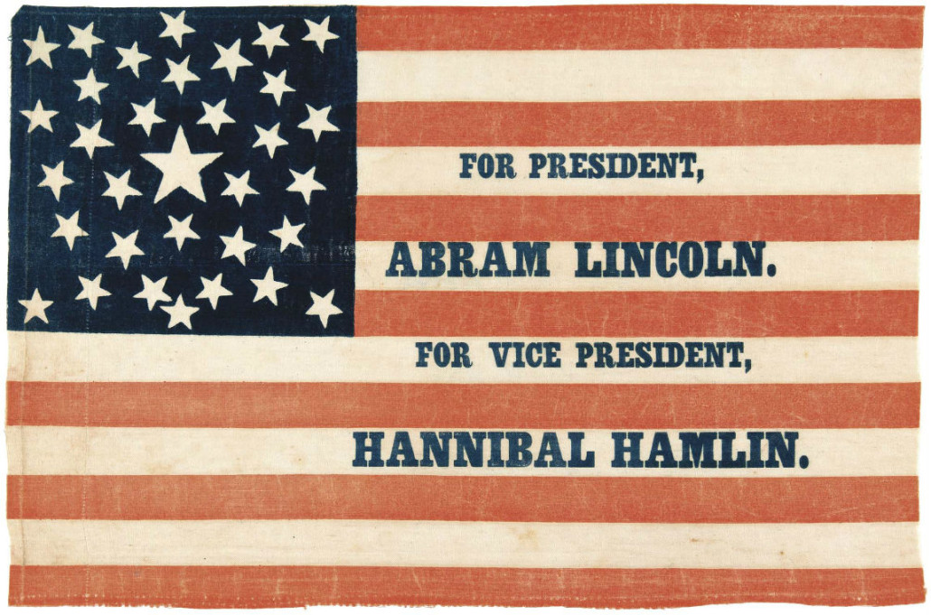 1860 campaign parade flag promoting the Lincoln/Hamlin ticket. Estimate: $20,000-$35,000. Hake’s Americana image