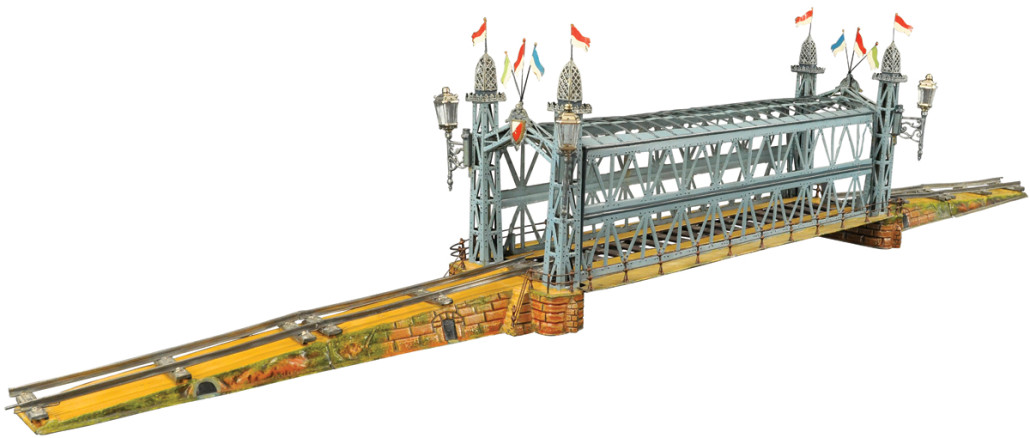 Marklin gauge I girder bridge marked by impressive scale and detail, 85in long x 16in high x 9 1/2in wide. Price realized: $51,000.