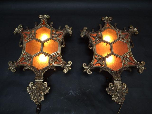 Oscar Bach-style wall sconces, bronze with frosted amber glass, est. $1,520-$2,090